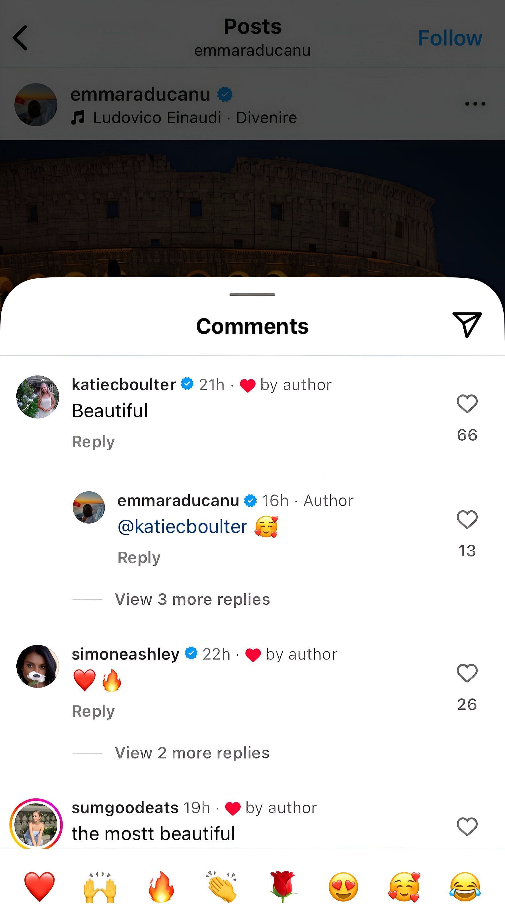 Katie Boulter and Simone Ashley's comments on Emma Raducanu's post - Via Instagram